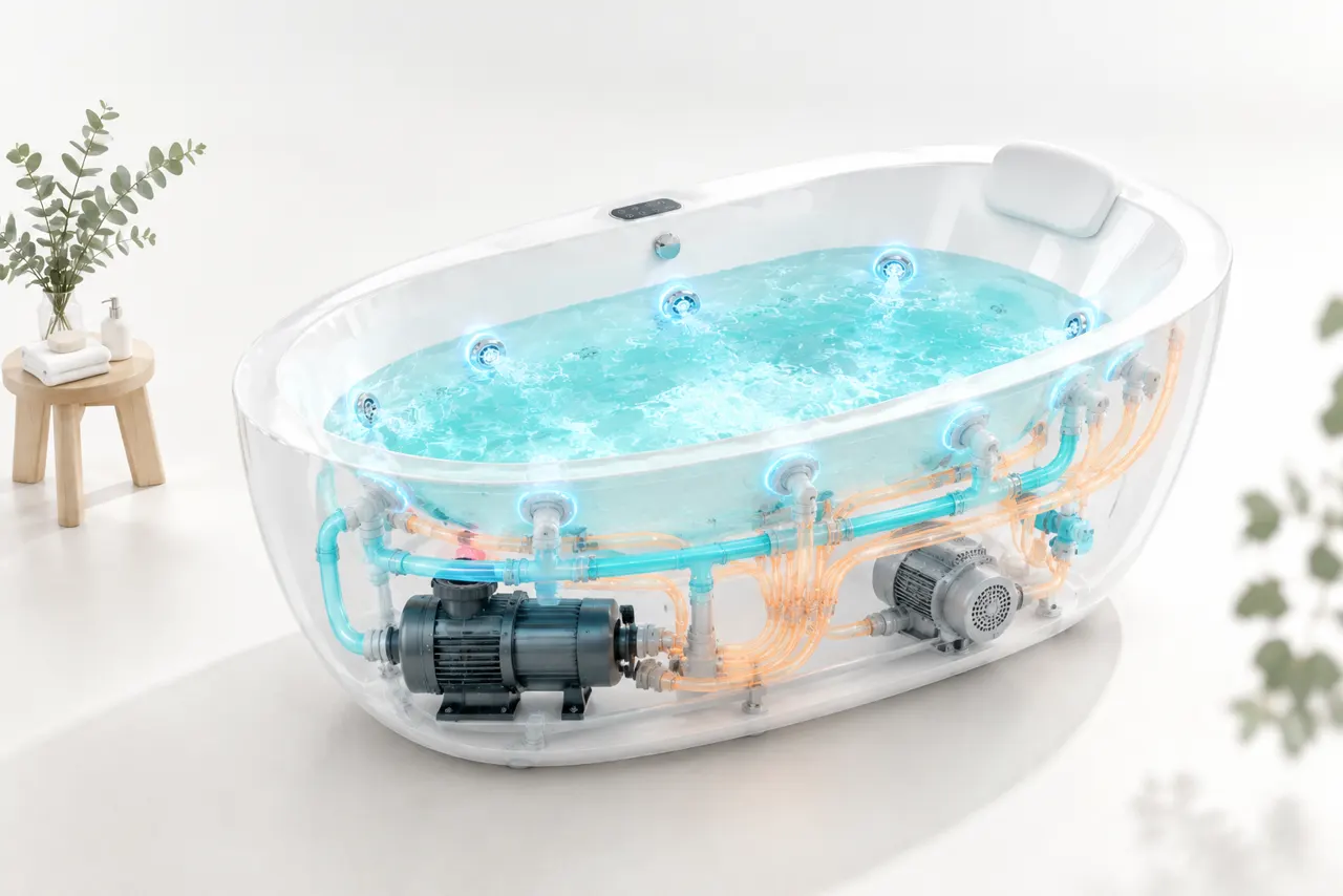 Intérieur d'une baignoire balnéo : pompe, soufflerie et réseau de buses